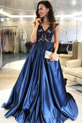 Elegant V Neck Long Navy Blue Prom Dresses with Appliques