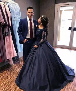 Navy Blue Prom Dresses Pageant Gown with Full Sleeves