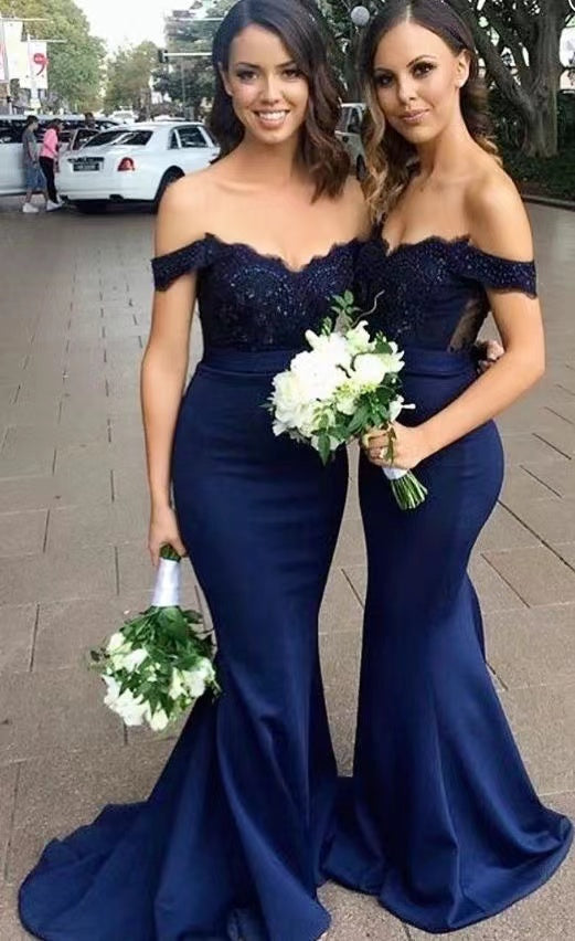 Off Shoulder Navy Blue Bridesmaid Dresses Mermaid with Lace Apliques