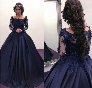 Navy Blue Prom Dresses Pageant Gown with Full Sleeves