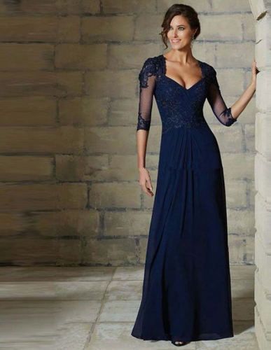 Navy Blue Bridesmaid Dresses with 3/4 Sleeves