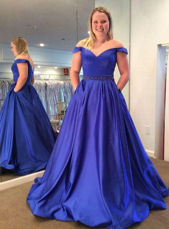 Off the Shoulder Royal Blue Long Prom Dresses Waist with Beaded