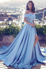 Laden Sie das Bild in den Galerie-Viewer, Dusty Blue Off the Shoulder Slit Prom Dresses