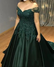 Cargar imagen en el visor de la galería, Forest Green Prom Dresses Off Shoulder with Lace Princess Gown