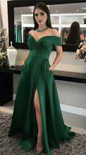 Load image into Gallery viewer, Off Shoulder Green Slit Side Prom Dresses for Women