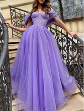 Load image into Gallery viewer, Off Shoulder Lavender Prom Dresses Off Shoulder Sparkly