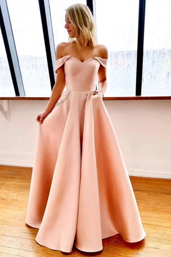 Off Shoulder Peach Prom Dresses with Pockets