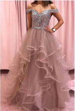 Load image into Gallery viewer, Off Shoulder A-Line Prom Dresses with Rhinestones Blush Pink
