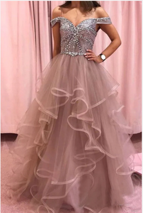 Off Shoulder A-Line Prom Dresses with Rhinestones Blush Pink