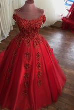 Laden Sie das Bild in den Galerie-Viewer, Off Shoulder Red Prom Dresses Birthday Gown with Flowers Beads