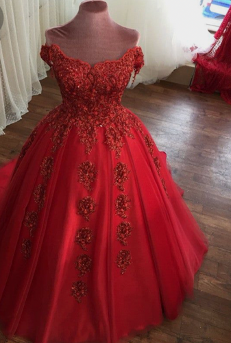 Off Shoulder Red Prom Dresses Birthday Gown with Flowers Beads