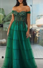 Load image into Gallery viewer, Off Shoulder Prom Dresses Green with Appliques Beaded