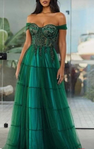 Off Shoulder Prom Dresses Green with Appliques Beaded