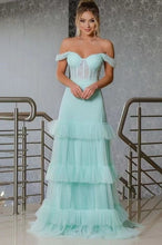 Load image into Gallery viewer, Off Shoulder Prom Dresses Tiered Tulle Corset