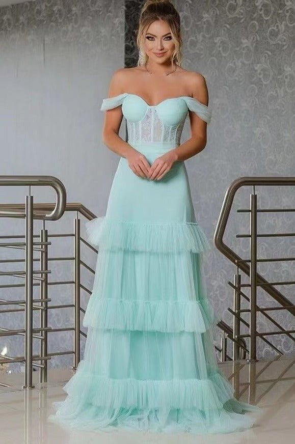 Off Shoulder Prom Dresses Tiered Tulle Corset