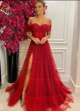 Load image into Gallery viewer, Off Shoulder Prom Dresses Tulle Slit Side