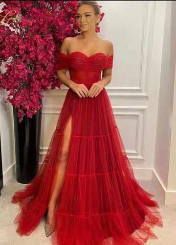 Off Shoulder Prom Dresses Tulle Slit Side