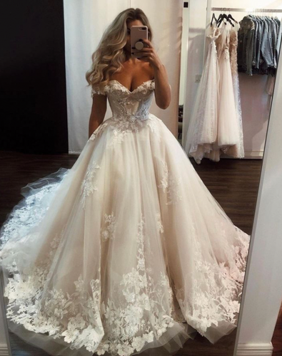 Off Shoulder Wedding Dresses Bridal Gown with Lace Appliques