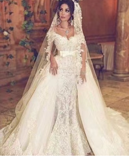 Off Shoulder Sheath Wedding Dresses Bridal Gown Detachable