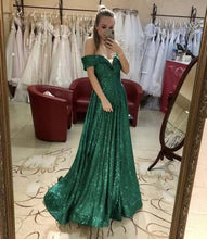 Cargar imagen en el visor de la galería, Off Shoulder Green Prom Dresses Sequins