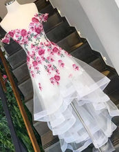 Load image into Gallery viewer, Off Shoulder Hi Low Prom Dresses with Flowers