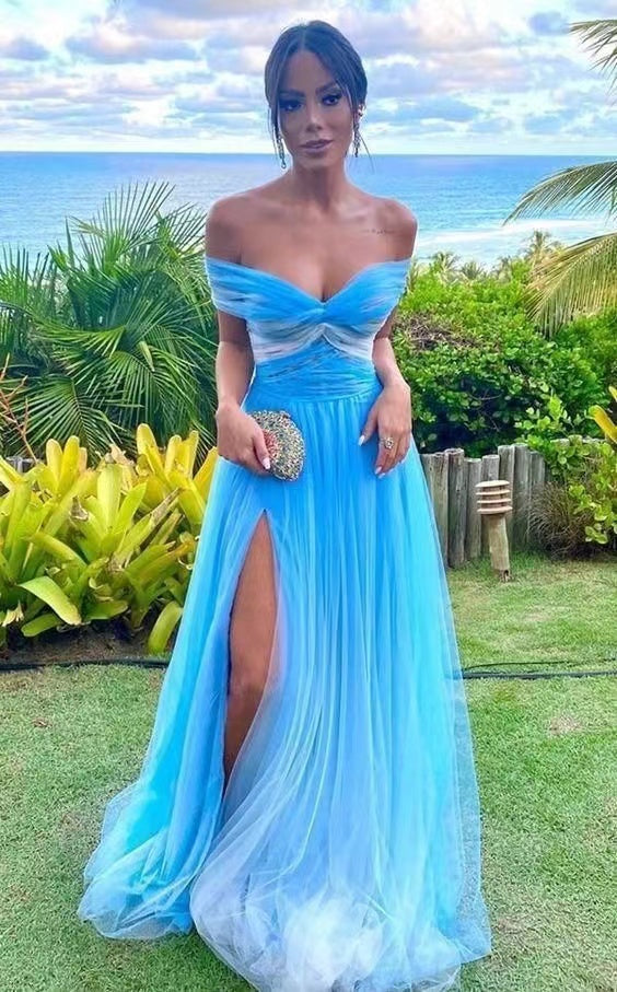 Off Shoulder Slit Prom Dresses Tulle