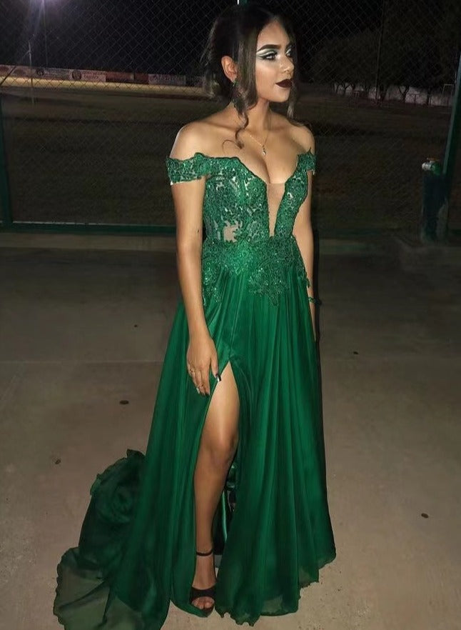 Off Shoulder Green Prom Dresses with Lace Slit Side