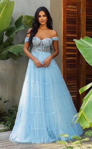 Off Shoulder Sky Blue Prom Dresses