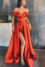 Laden Sie das Bild in den Galerie-Viewer, Prom Dresses Off Shoulder Orange Floor Length Slit