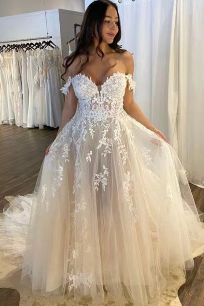 Off Shoulder Wedding Dresses Bridal Gown with Lace Appliques