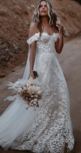 Off Shoulder Wedding Dresses Bridal Gown with Leaves Appliques Lace