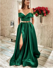 Load image into Gallery viewer, Off Shoulder Green Prom Dresses with Gold Sash