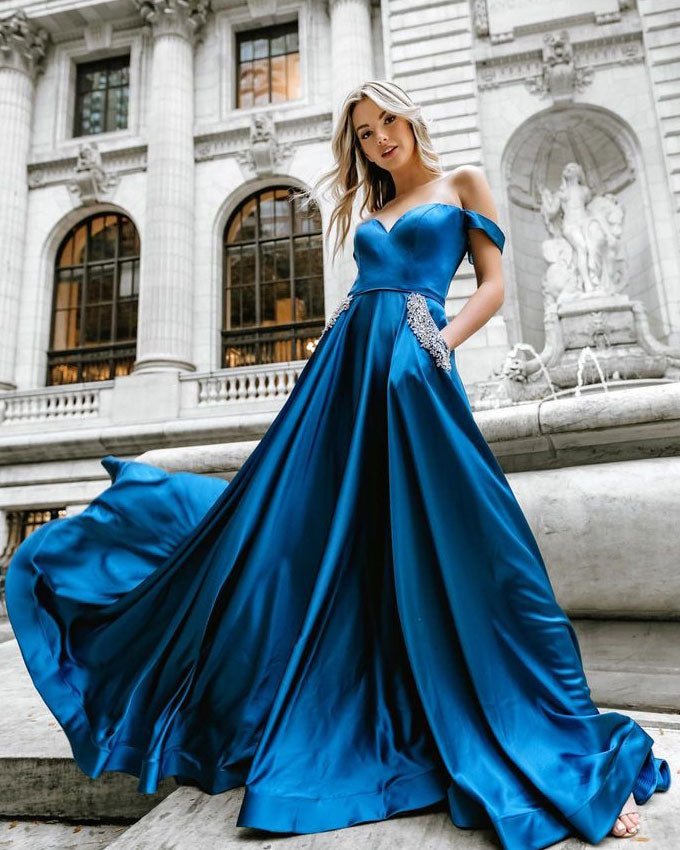 Off the Shoulder Prom Dresses with Pockets Beads