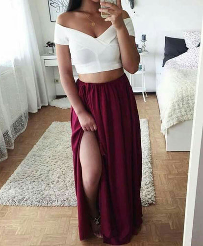 Two Piece Maroon Prom Dresses Slit