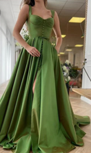 Load image into Gallery viewer, Olive Green Prom Dresses Spaghetti Straps with Buttons