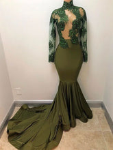 Cargar imagen en el visor de la galería, Olive Green Mermaid Prom Dresses with Appliques Lace