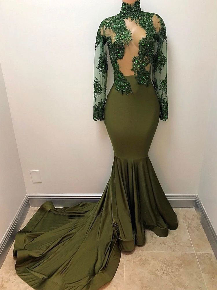 Olive Green Mermaid Prom Dresses with Appliques Lace