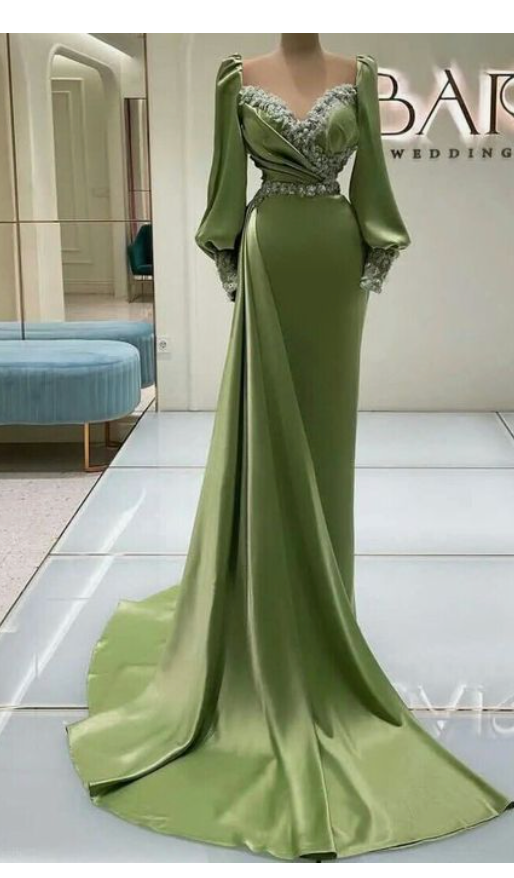 Olive Green Prom Dresses with Full Sleeves