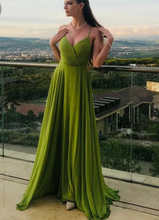 Load image into Gallery viewer, Olive Green Prom Dresses Spaghetti Straps Slit Side