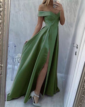 Laden Sie das Bild in den Galerie-Viewer, Off Shoulder Olive Green Slit Side Prom Dresses for Women