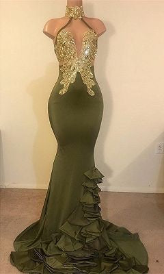 Halter Olive Green Prom Dresses with Gold Appliques