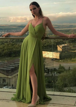 Load image into Gallery viewer, Olive Green Prom Dresses Spaghetti Straps Slit Side