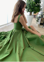 Load image into Gallery viewer, Olive Green Prom Dresses Spaghetti Straps with Buttons