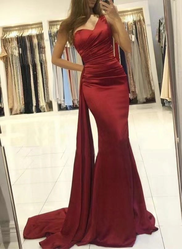 One Shoulder Red Prom Dresses Slit