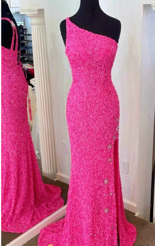 One Shoulder Fuchsia Prom Dresses with Beaded