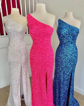 Load image into Gallery viewer, One Shoulder Slit Prom Dresses Criss Cross Back