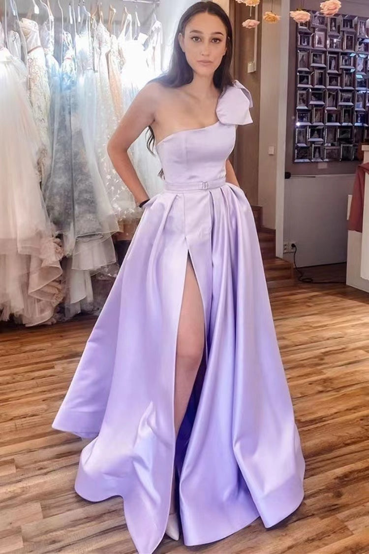 Lavender One Shoulder Prom Dresses Slit Side with Pockets