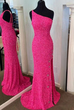 Charger l&#39;image dans la galerie, One Shoulder Prom Dresses Fuchsia Slit Side