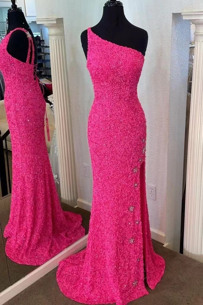 One Shoulder Prom Dresses Fuchsia Slit Side