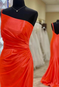 One Shoulder Orange Prom Dresses Floor Length